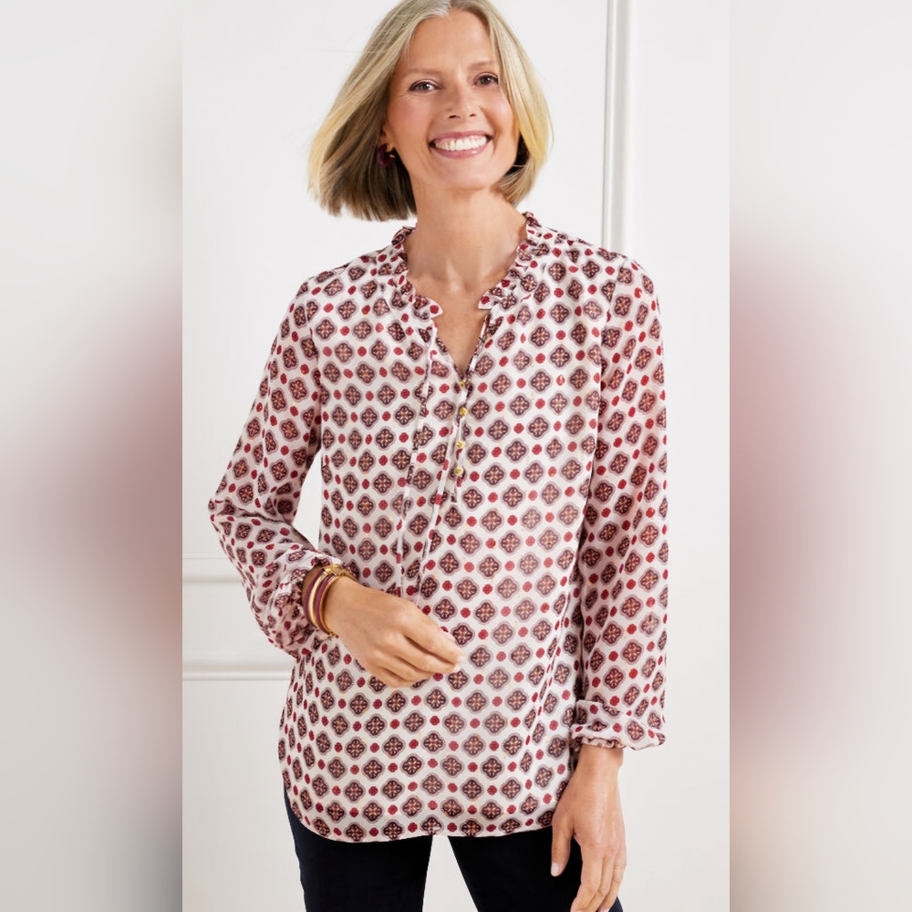 Talbots RUFFLE NECK BLOUSE - DITSY MEDALLION